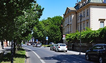 Odcinek pomiędzy wiaduktem kolejowym a skrzyżowaniem z ul. Strzelecką, widok na wschód.