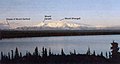 Mount Wrangell and Mount Zanetti from Willow Lake at 1600 ft (500m). Although Mount Wrangell rises over 12,000 ft (3700 m) above this viewpoint, its great height is masked by the extreme width of its shield-like form.