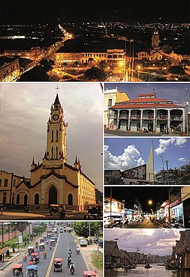 Clockwise from top: Iquitos cityscape at night; Iron House; minimalist architecture on the school auditorium St. Augustine; the commercial Jiron Prospero; Aquatic Avenue in the famous neighborhood of Bethlehem; Abelardo Quiñones Avenue and the vehicular traffic of motorcycle taxis, and Iquitos Cathedral.