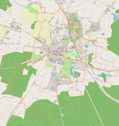 Mapa konturowa Końskich, w centrum znajduje się punkt z opisem „Kolegiata św. Mikołaja w Końskich”