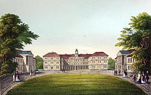 Schloss Neustrelitz, Lithographie von der Tiedemann Hof Steindruckerei, 1843.