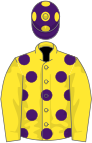 Yellow, purple spots on body, purple cap, yellow spots