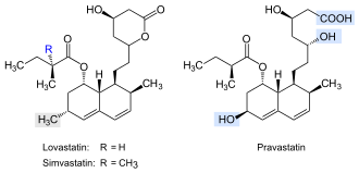 Strukturformeln von Lovastatin, Simvastatin und Pravastatin