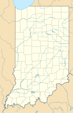 Mapa konturowa Indiany, blisko prawej krawędzi u góry znajduje się punkt z opisem „Monroeville”