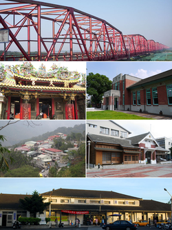Top: Xiluo Bridge and Choushui River. Second left: Chaotian Temple in Peigang. Second right: Shinqi Memorial Museum. Third left: Caolin in Tongluo. Third right: Erlun Memorial Museum. Bottom: Dounan Railroad Station.