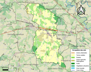 Kaart van de gemeente met de belangrijkste infrastructuur, bodemgebruik en omliggende gemeenten