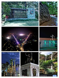 From Top Left: Debrigarh Wildlife Sanctuary, Nrusinghanath stream, Drone view of Bargarh Town during Dhanujatra, Bargarh Railway Station, Lord Krishna Statue, VSS Statue, Aapkhol Waterfall