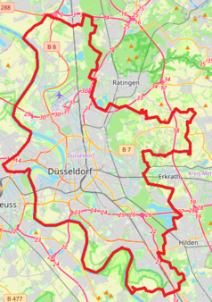 Mapa konturowa Düsseldorfu, po lewej znajduje się punkt z opisem „Merkur Spiel-Arena”