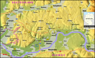 Dinkelberg zwischen Wiesental im Nordwesten und Norden, Wehratal im Osten und Rheintal im Süden und Südwesten
