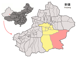 Ruoqiang County (red) within Bayingolin Prefecture (yellow) and Xinjiang
