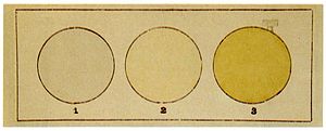 Three circles: left is same color as background (old paper somewhat tanned); middle is very light yellow; right is more yellow.