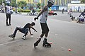 Falling at a slalom skating event