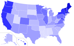 Percent of self-identified liberals by state in 2018