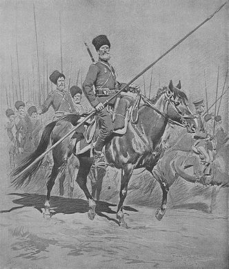 Zeichnung von Georges Scott in der Zeitschrift L’Illustration vom 29. August 1914: „… auf dem Weg nach Berlin“. Die russische Armee besaß 36 Kavalleriedivisionen, von denen 10 gegen Ostpreußen und 16 gegen Österreich-Ungarn in Galizien eingesetzt wurden.