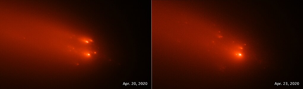 This pair of NASA/ESA Hubble Space Telescope images of comet C/2019 Y4 (ATLAS), taken on April 20 and April 23, 2020, reveal the breakup of the solid nucleus of the comet.