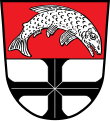Gemeinde Nordheim v.d.Rhön Geteilt von Rot und Silber; oben eine nach links gewendete, gekrümmte silberne Forelle, unten ein durchgehendes schwarzes Tatzenkreuz.