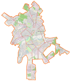 Mapa konturowa Mohylewa, u góry znajduje się punkt z opisem „Mohylew”