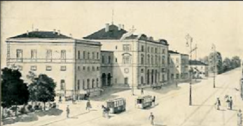 Hauptbahnhof 1 mit Bayerns erster kommunalen Straßenbahn, der Schweinfurter Straßenbahn (Pferdebahn) um 1900