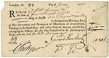 Aktie der South Sea Company über 1.000 £ (10 shares zu je 100 £), ausgegeben in London am 22. Juni 1720, bezahlt mit 4,000 £ zum damaligen Börsenkurs von 400 %.
