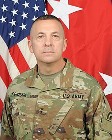 2017 color head and shoulders photo of Major General Steven Ferrari in Operational Camouflage Pattern uniform.