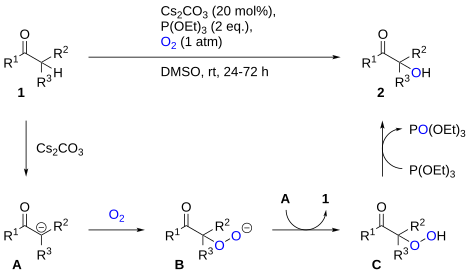 Reaction scheme and proposed mechanism for carbonyl α-hydroxylation using oxygen and triethyl phosphite.