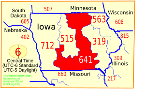 The area colored red indicates the region served by area code 641 within the state of Iowa,