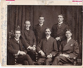 Six of the Victoria Eight, l to r: N. E. Bowles, E. W. Morgan, C. J. P. Jolliffe, W. E. Sibley, H. D. Robertson, and E. W. Wallace, sailed in 1906