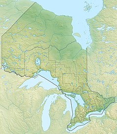 Mapa konturowa Ontario, blisko centrum na lewo znajduje się owalna plamka nieco zaostrzona i wystająca na lewo w swoim dolnym rogu z opisem „Nipigon”