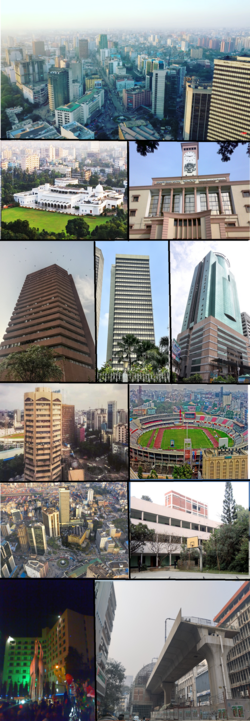 From top: Skyline of Motijheel, Bangabhaban, RAJUK, Janata Bank Tower, Bangladesh Bank Building, City Centre Dhaka, Jiban Bima Tower and Bangladesh Development Bank, Bangabandhu National Stadium, Shapla Square, Notre Dame College, Balaka Square, Motijheel metro station