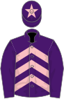 Purple, pink chevrons, purple sleeves, purple cap, pink star