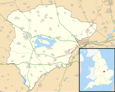 Mapa konturowa Rutlandu, po lewej nieco u góry znajduje się punkt z opisem „Oakham”