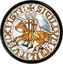 A Seal of the Knights Templar, with their famous image of two knights on a single horse, a symbol of their early poverty. The text is in Greek and Latin characters, Sigillum Militum Χρisti: followed by a cross, which means "the Seal of the Soldiers of Christ".