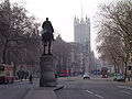 Looking south down Whitehall towards Victoria Tower of the Palace of Westminster