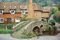 Narrow stone bridge over water. In the background are houses and trees.