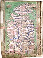 Matthew Paris'in dört Britanya haritasından en gelişmişi (Cotton MS Claudius D VI, fol. 12v). Çalışma, Dover'dan Newcastle'a giden merkezi bir kuzey-güney güzergahı etrafında organize edilmiştir. Çizimde hem Antoninus Duvarı'nın hem de Hadrian Duvarı'nın mazgalları görülmektedir. Britanya Kütüphanesi, Londra.