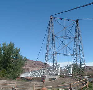 A view of a cable suspension bridge with one metal tower and a wooden deck. The second tower is partially obscured by a cottonwood tree.