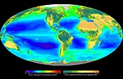 A composite image of oceanic chlorophyll concentrations and differences in terrestrial vegetation