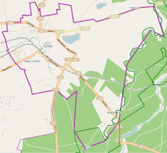 Mapa konturowa Tucholi, po lewej nieco u góry znajduje się punkt z opisem „Tuchola”