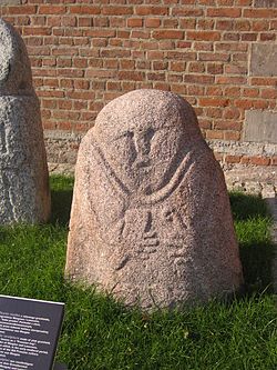 Medieval sculpture, so-called "stone baba", used to stand on the border of Mózgowo and Laseczno. Today in Gdańsk, Muzeum Archeologiczne