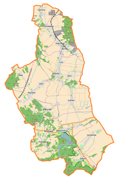 Mapa konturowa gminy Dobromierz, w centrum znajduje się punkt z opisem „Roztoka”