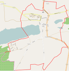 Mapa konturowa Dolska, po lewej znajduje się owalna plamka nieco zaostrzona i wystająca na lewo w swoim dolnym rogu z opisem „Jezioro Dolskie Wielkie”