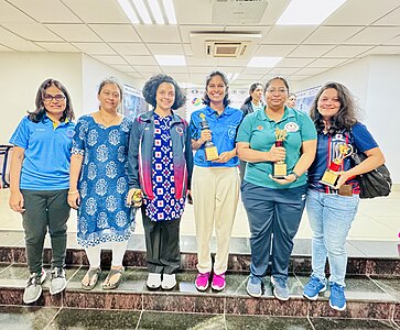 Multiple National Women Chess Championship winners over the years, clicked during the closing ceremony of the 50th National Women Chess Championship- 2024. Left to Right- Nisha Mohota, Swati Ghate, Padmini Rout, P. V. Nandhidhaa, Mary Ann Gomes and Bhakti Kulkarni