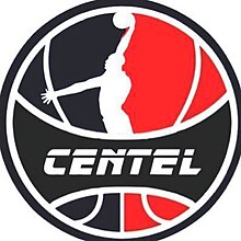 The white lines of a basketball eclipsing a red and black backdrop. In the center is the text "Centel", an intentional misspelling of "Central".