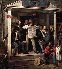 A painting, showing people gathered on a porch around one who is reading from a newspaper