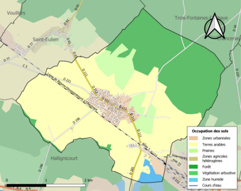 Kaart van de gemeente met de belangrijkste infrastructuur, bodemgebruik en omliggende gemeenten