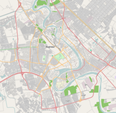 Mapa konturowa Bagdadu, po prawej znajduje się punkt z opisem „Stadion Al-Szaab”