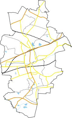 Mapa konturowa Zabrza, blisko centrum po lewej na dole znajduje się punkt z opisem „Wydział Organizacji i Zarządzania”