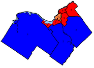 Map of the region's ridings. Colours show the result after the 2004 election]]