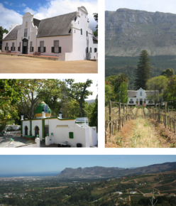 Top left: Groot Constantia. Middle left: The kramat of Sheik Abdurachman Matebe Shah in Klein Constantia. Right: The Cape Dutch homestead at Buitenverwachting. Bottom: a view of Constantia from Constantia Neck.