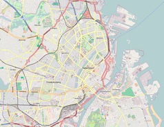 Mapa konturowa Kopenhagi, blisko centrum po prawej na dole znajduje się punkt z opisem „Kościół św. Mikołaja w Kopenhadze”